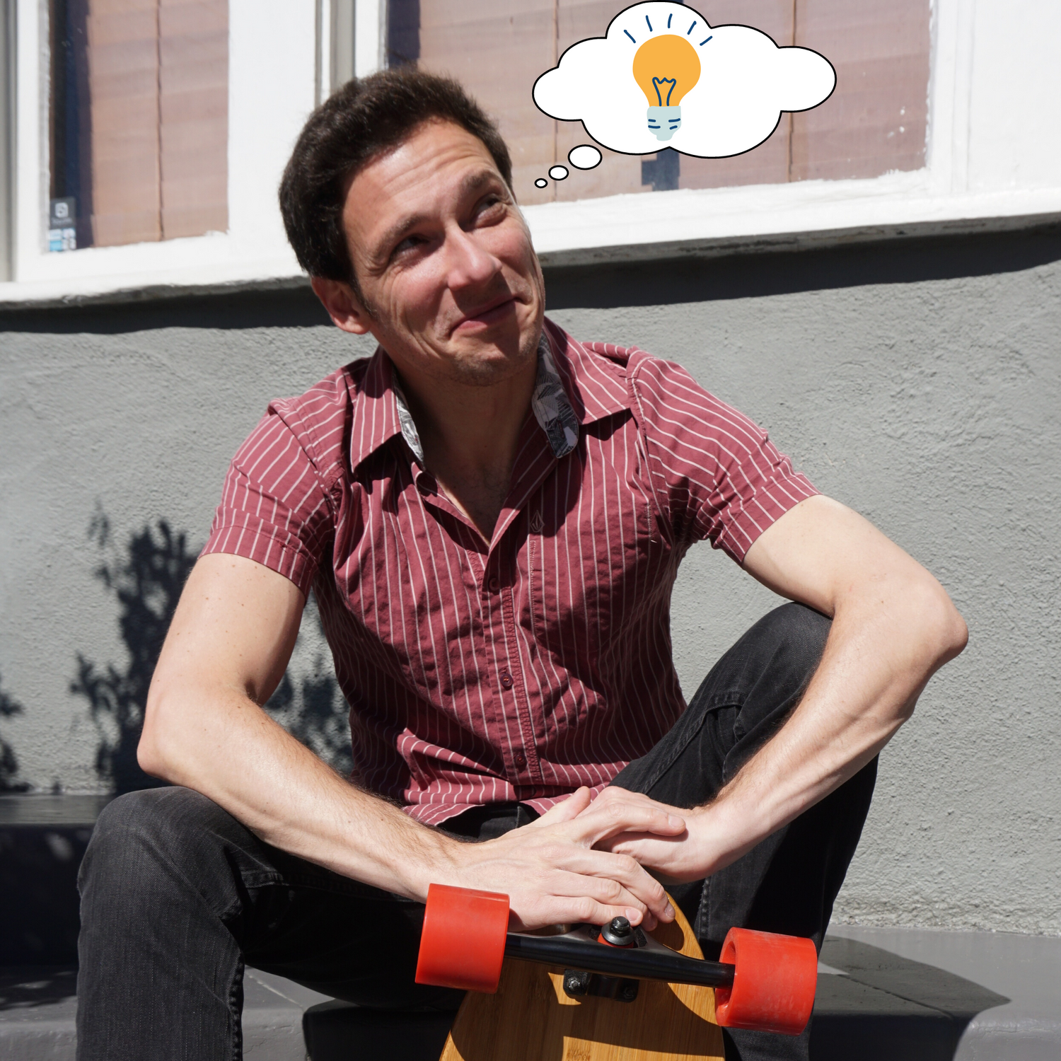 The founder of Eggboards making a funny face, capturing the moment of inspiration when he comes up with the idea for the mini cruiser skateboard. The image reflects his playful spirit and creativity, highlighting the fun and innovative essence behind the Eggboard brand.