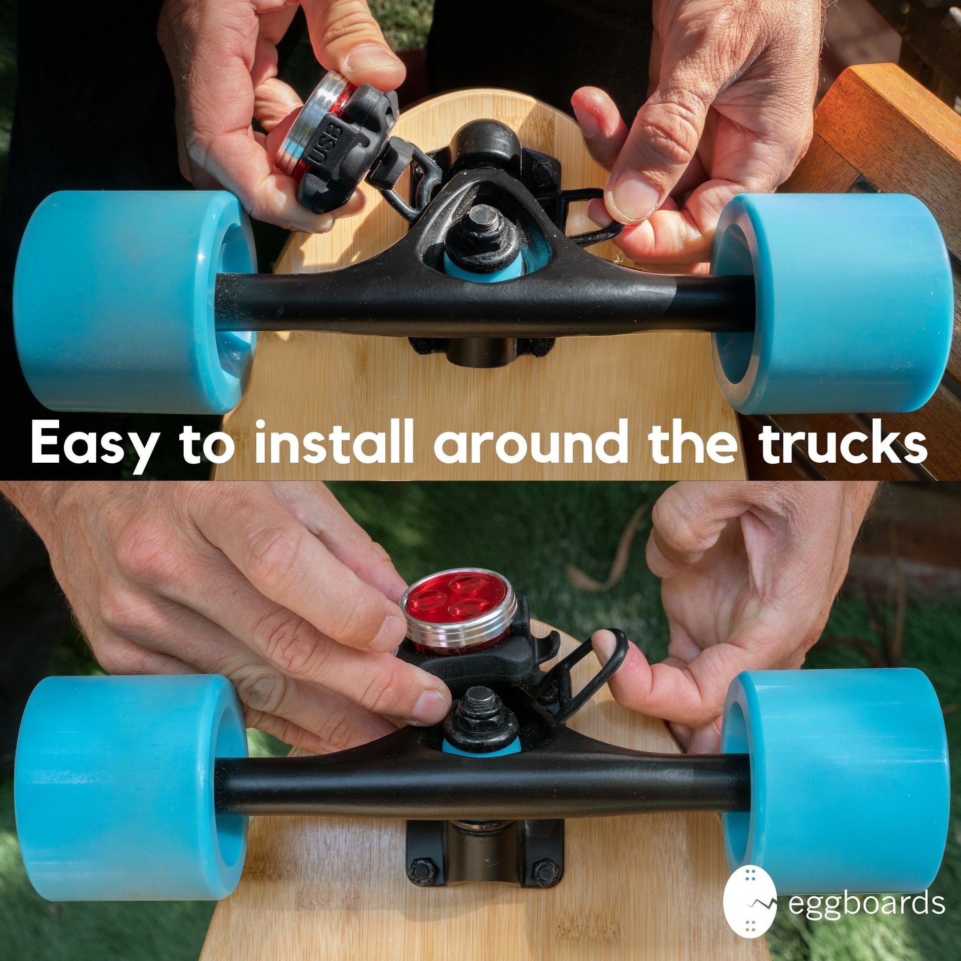Easy installation of longboard skateboard lights on trucks for improved night visibility and safety.