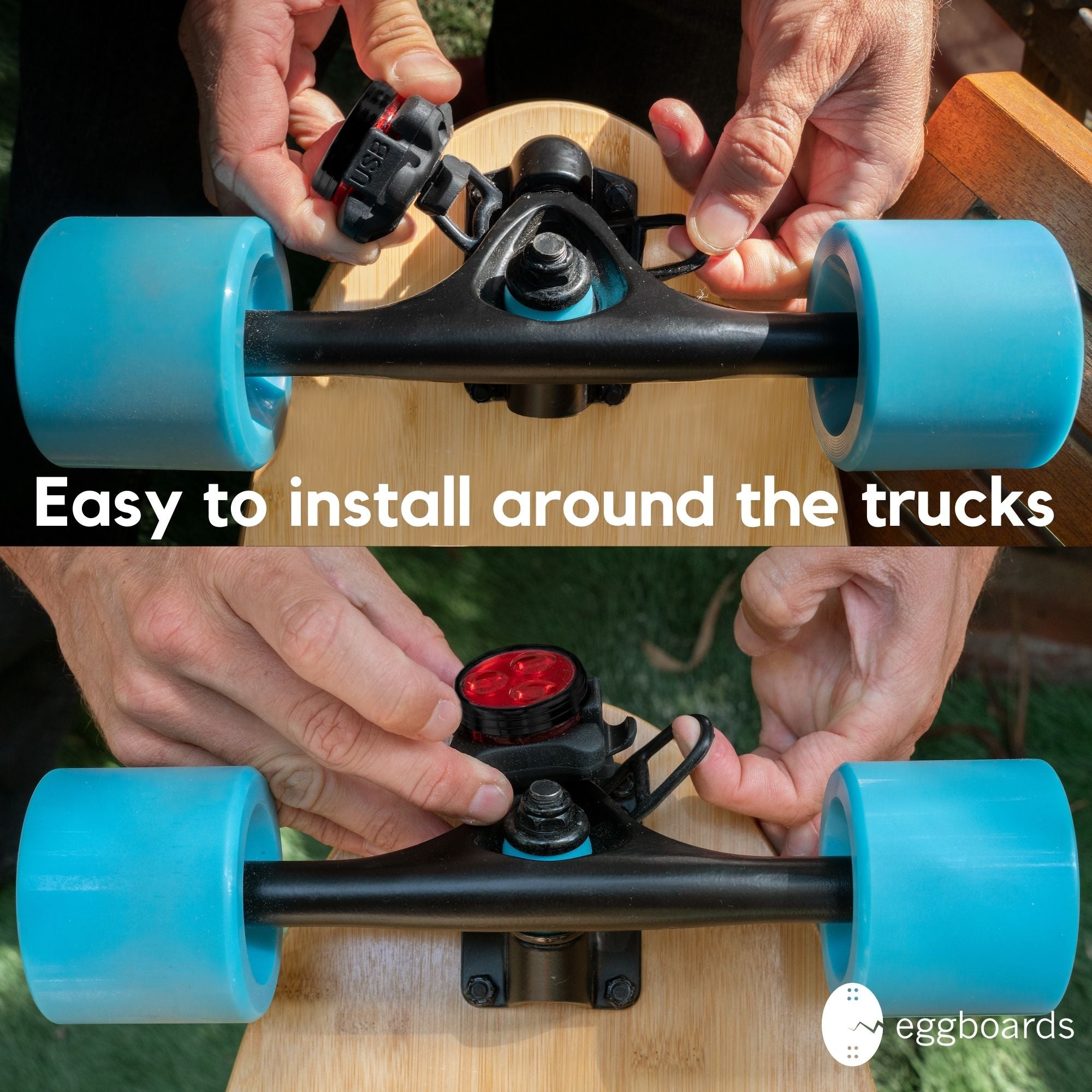 Instructions on how to attach eggboards skateboard lights to the trucks of a mini longboard or any other skateboard