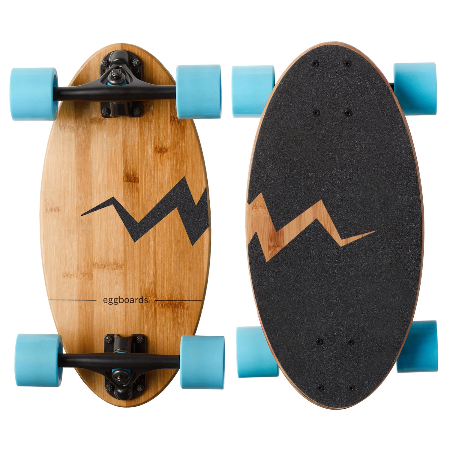 Eggboards mini cruiser skateboard made from bamboo with blue wheels, showcasing the compact and durable design of the board for smooth rides. Perfect for city cruising and short commutes.