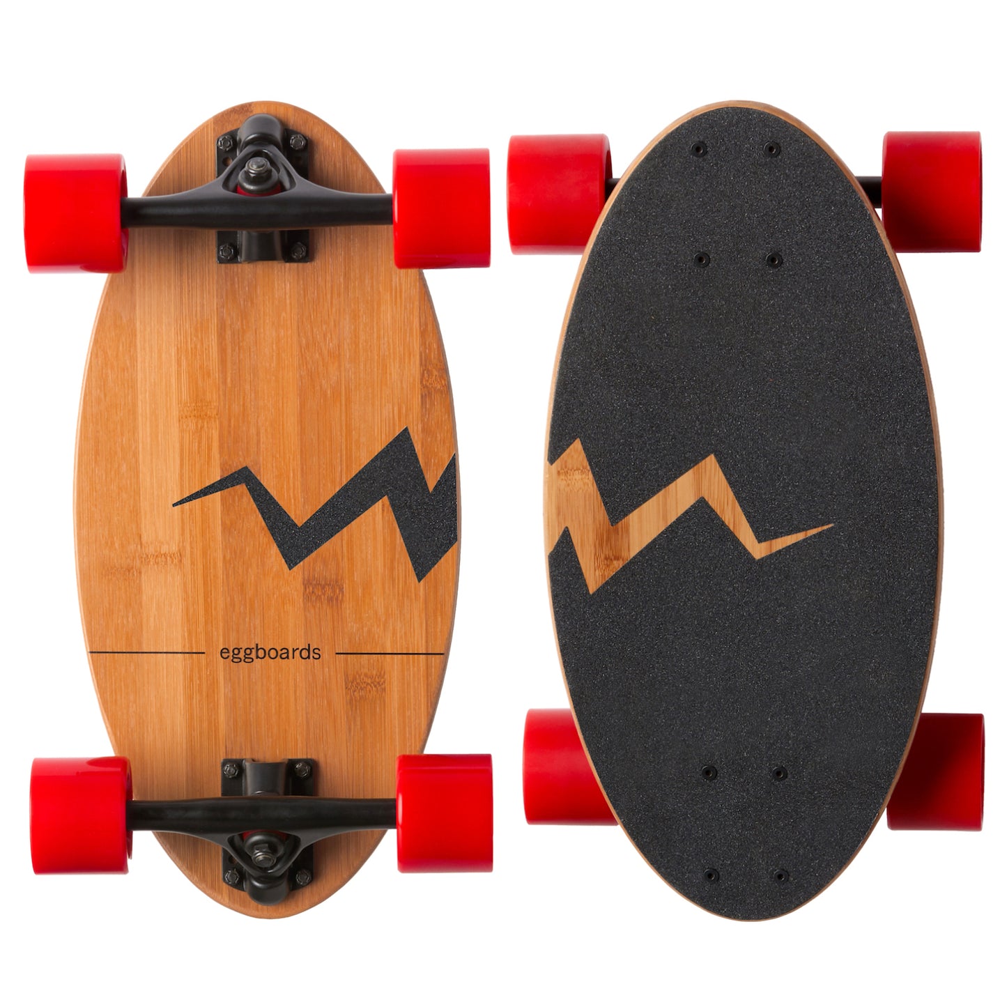 Product image of the Street Red Cruiser Skateboard featuring a top and bottom view. The photo showcases the large trucks, vibrant red wheels, and the beautiful wood grain of the durable bamboo deck, emphasizing its quality and design for urban skateboarding.