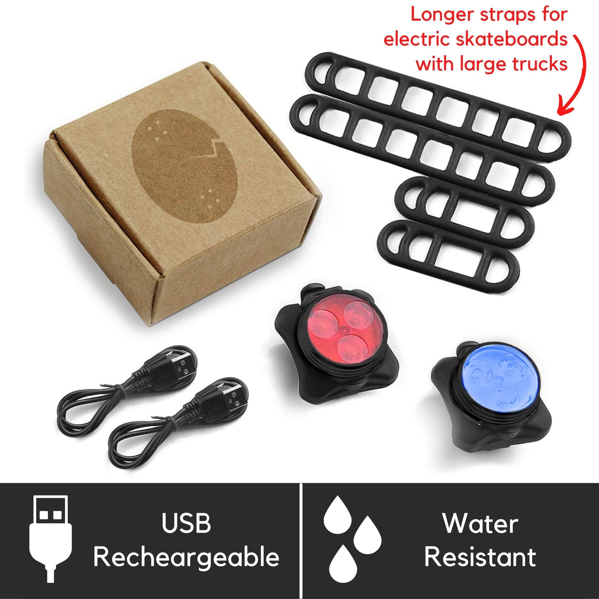 Unboxing of the Blue-Red LED Skateboard Lights set, featuring front and back lights, attachment straps, and USB charging cable.