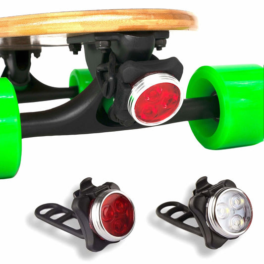 Skateboard lights front and back set with white and red LEDs, silver trim – ideal for visibility and safety.